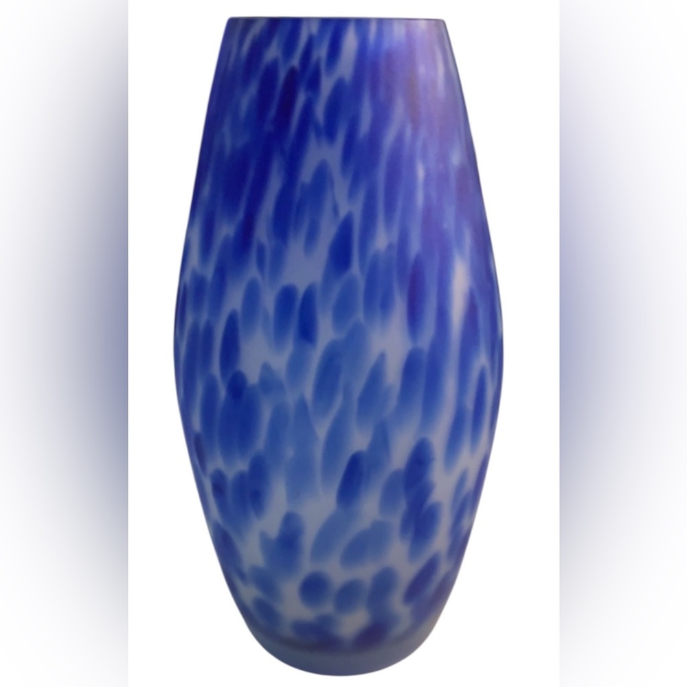 Cobalt Blue and White Molten Art Glass Vase.‎ Large 8.5”